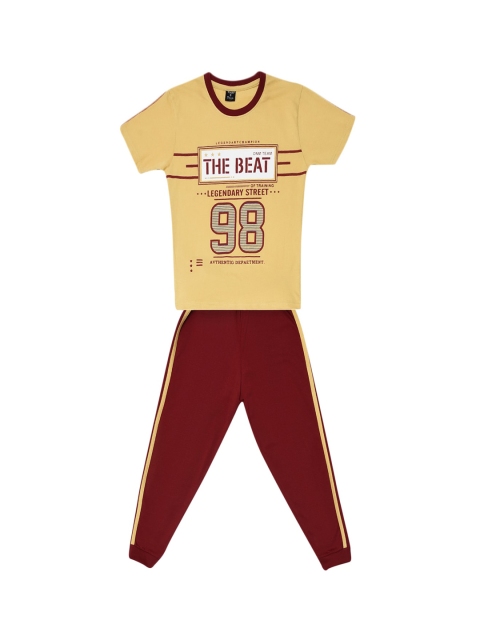 Todd N Teen Boys Beige & Maroon Printed T-shirt with Trousers