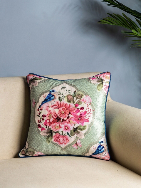 Pure Home and Living Green & Pink Set of Single Floral Square Cushion Covers