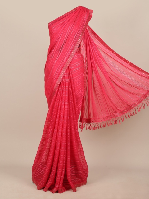 Pothys Pink Striped Poly Chiffon Saree