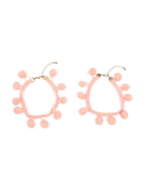 FOREVER 21 Women Peach-Coloured Crochet Pom Pom Anklet Set