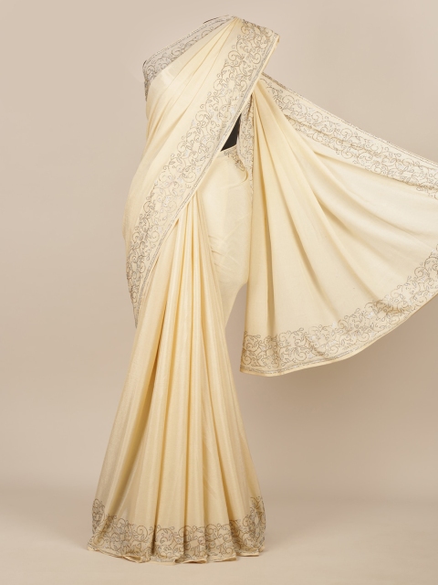 Pothys Cream-Coloured & Silver-Toned Pure Georgette Solid Saree
