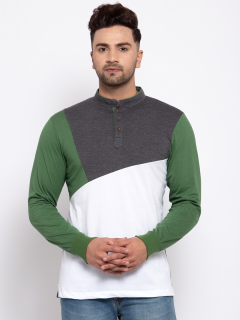 Kalt Men Green & White Colourblocked Mandarin Collar T-shirt