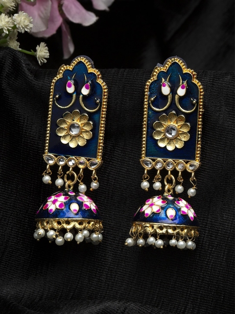 Moedbuille Kundan Studded Handpainted Blue Meenakari Gold Plated Handcrafted Brass Jhumkas
Moedbuille Kundan Studded Handpainted Blue Meenakari Gold Plated Handcrafted Brass Jhumkas