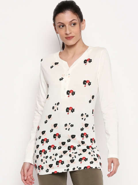 XIN Women White Printed V-Neck T-shirt