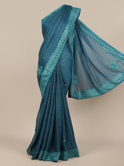 Pothys Blue Striped Poly Chiffon Saree