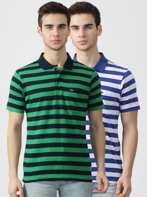 Cloak & Decker Men Green Striped Polo Collar T-shirt