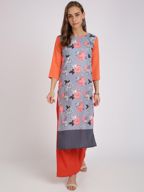 Florence Women Grey & Orange Floral Printed Crepe Kurta