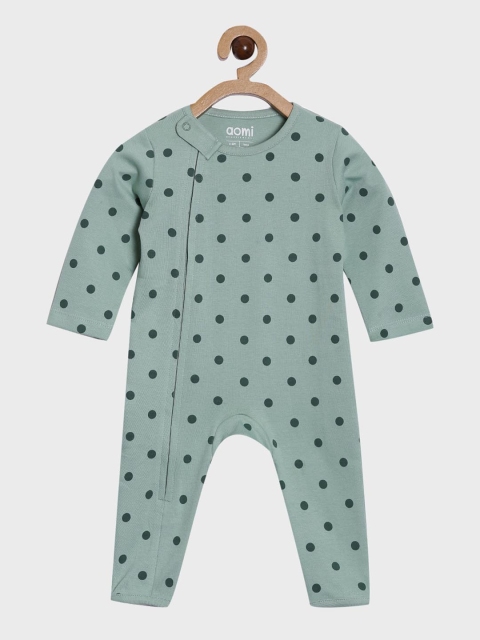 Aomi Kids Green Printed Round Neck Rompers