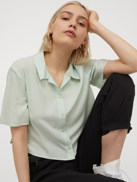 H&M Women Green Solid Short Blouse