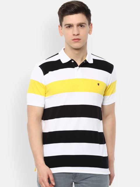 Louis Philippe Sport Men White Striped Polo Collar Cotton Pure Cotton T-shirt