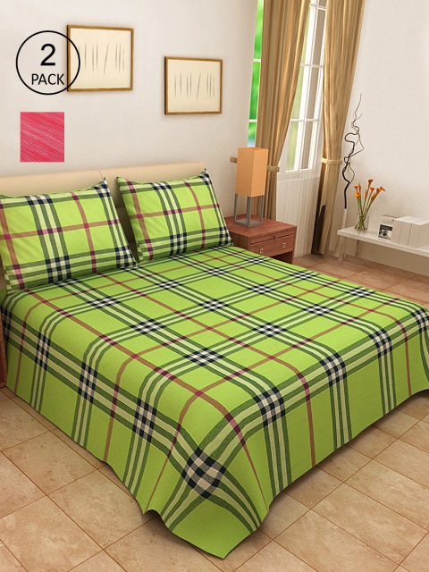 KLOTTHE Set Of 2 Woven Design Double King Bed Covers with 4 Pillow Covers, Green