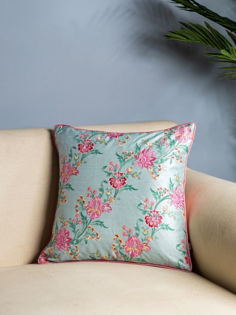 Pure Home and Living Green & Pink Set of Single Floral Square Cushion Covers