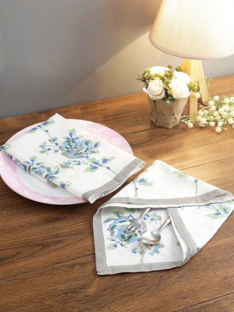 Rajasthan Decor Set Of 6 White & Blue Floral Printed Sustainable Table Napkins