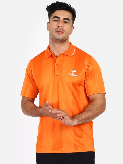 hummel Men Orange Striped Polo Collar T-shirt