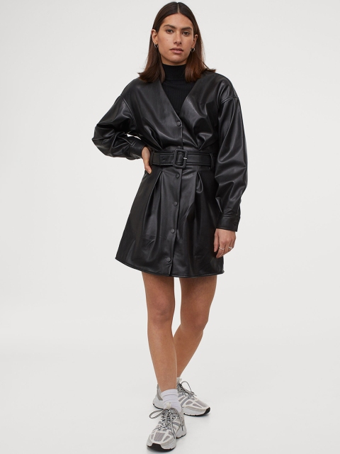 H&M Women Black Solid Imitation Leather Dress