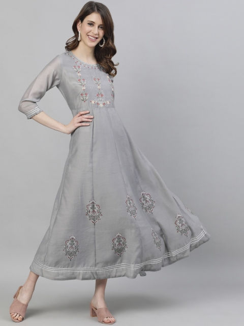 Ishin Women Grey Embroidered Maxi Dress
