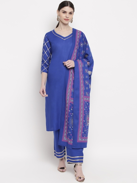 Khushal K Women Blue & Gold-Toned Solid Kurta with Trousers & Dupatta