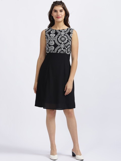 Zink London Women Black Embroidered Fit and Flare Dress