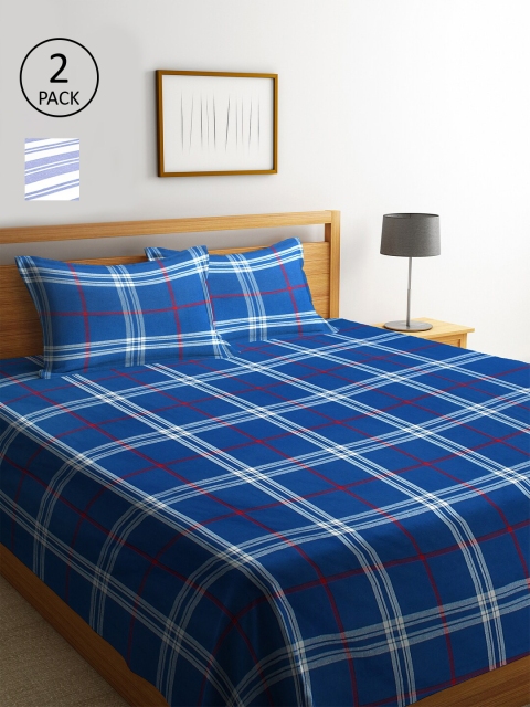 KLOTTHE Set of 2 Woven Design Double King Bed Covers with 4 Pillow Covers, Blue