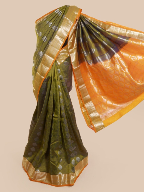 Pothys Olive Green & Orange Pure Silk Woven Design Kanjeevaram Saree