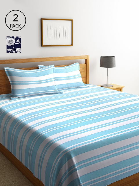 KLOTTHE Set Of 2 Striped Double Bed Covers With 4 Pillow Covers, Navy blue