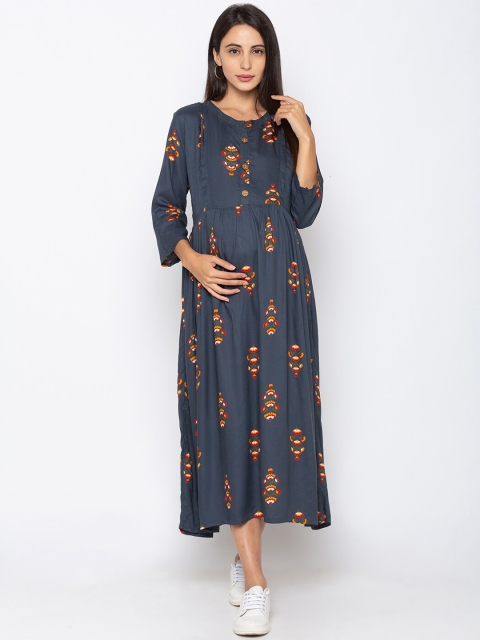 MomToBe Women Grey Printed Maternity & Feeding A-Line Dress