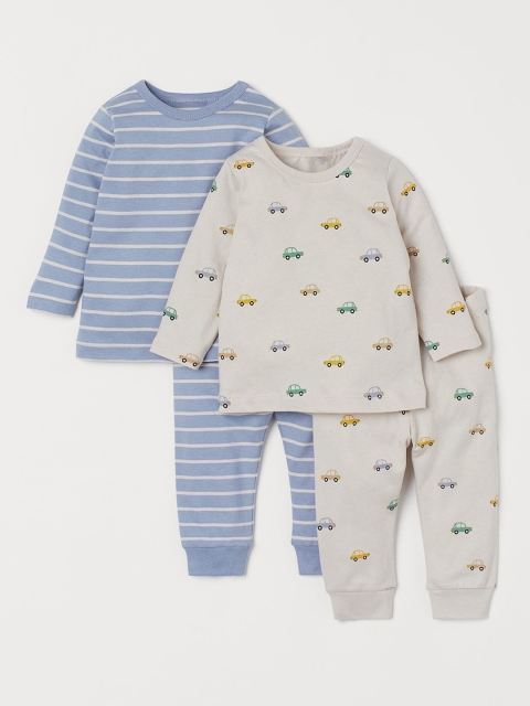 H&M Unisex Beige & Blue Printed 2-Pack Pyjamas, White