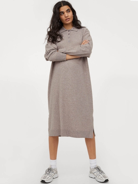 H&M Women Beige Solid Knitted Collared Sustainable Dress