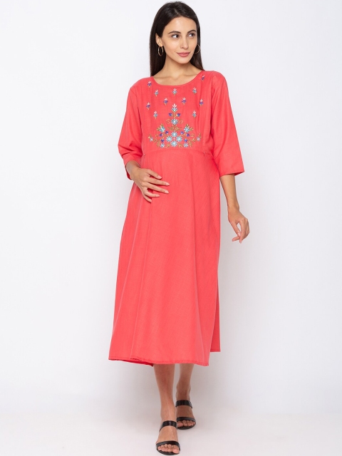 MomToBe Women Peach-Coloured Embroidered Maternity Nursing Fit and Flare Dress