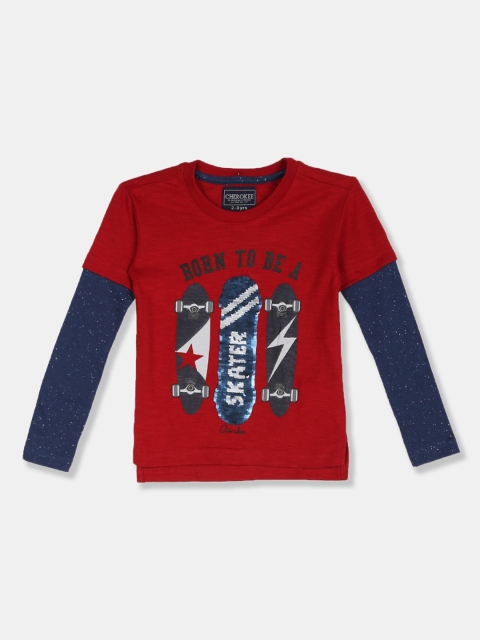 Cherokee Boys Maroon & Navy Blue Printed Round Neck T-shirt