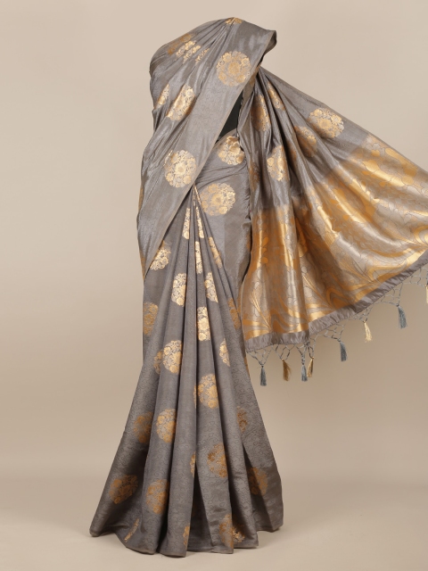 Pothys Grey & Gold-Toned Jute Silk Woven Design Saree