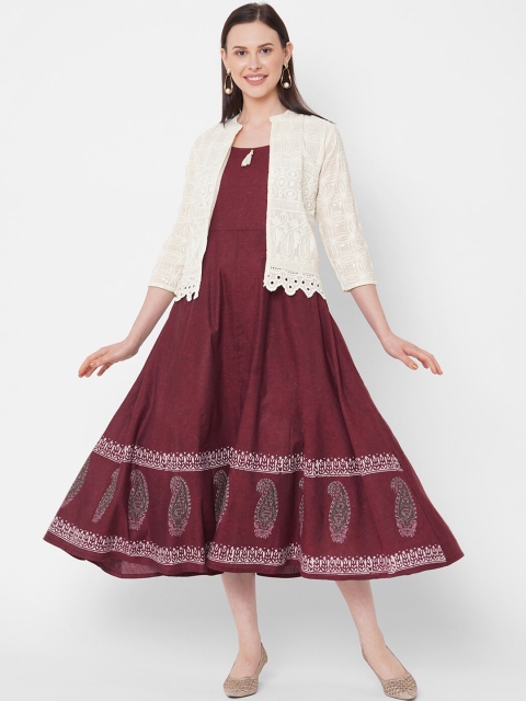 FASHOR Women Maroon Printed A-Line Dress With Jacket
