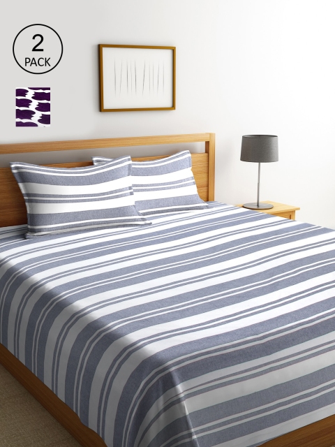 KLOTTHE Set Of 2 Striped Double King Bed Covers with 4 Pillow Covers, Grey
