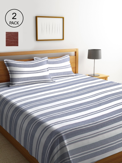 KLOTTHE Set Of 2 Striped Double King Bed Covers With 4 Pillow Covers, Brown