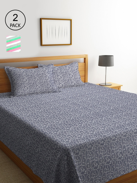 KLOTTHE Set Of 2 Striped Double Bed Covers With 4 Pillow Covers, White