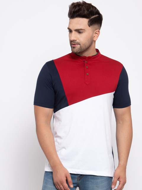 Kalt Men Navy Blue & Red Colourblocked Mandarin Collar T-shirt