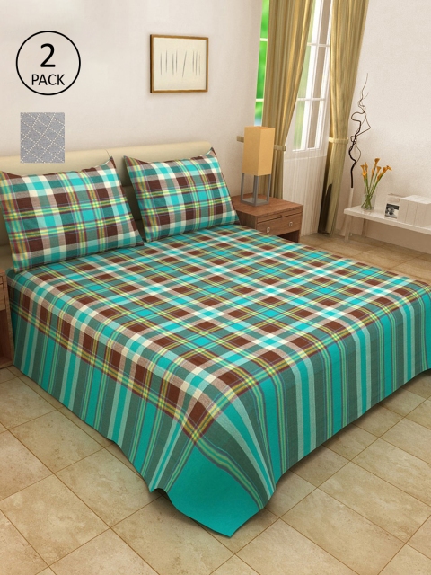 KLOTTHE Set Of 2 Woven-Design Double King Bed Covers With 4 Pillow Covers, Blue