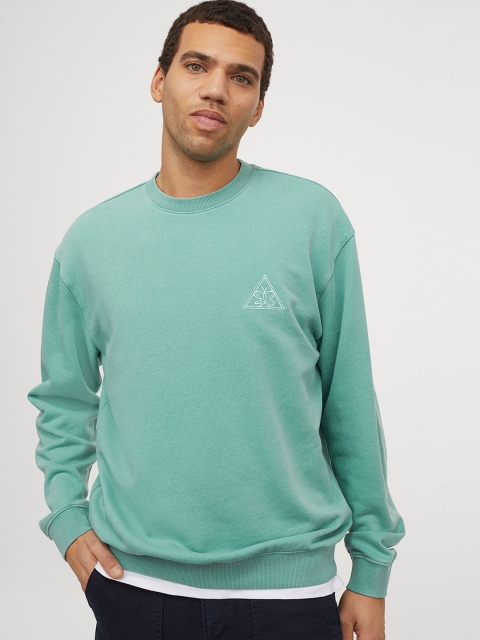 H&M Men Sea Green Solid Relaxed Fit Sweatshirt