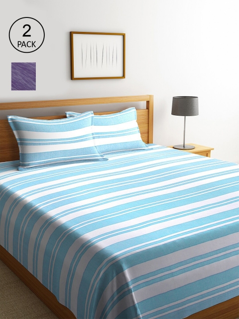 KLOTTHE Set Of 2 Striped Double King Bed Covers with 4 Pillow Covers, Blue