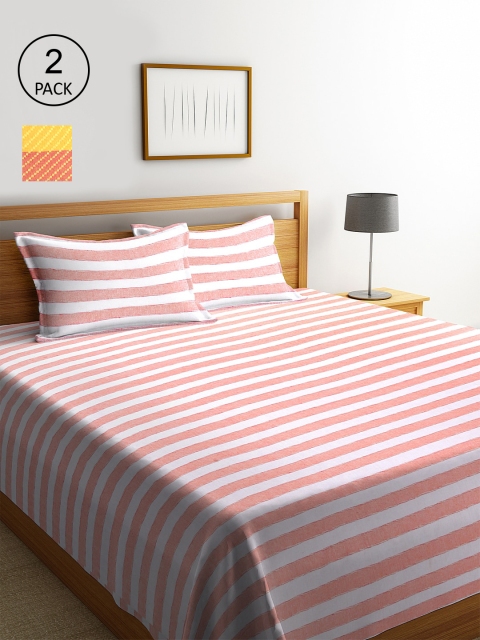 KLOTTHE Set Of 2 Striped Double Bed Covers With 4 Pillow Covers, Pink