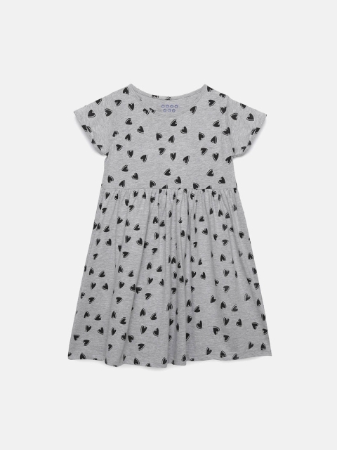 ZION Girls Grey & Black Printed Cotton Fit and Flare Dress