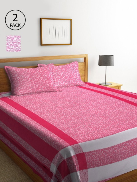 KLOTTHE Set of 2 Woven Design Double King Bed Covers with 4 Pillow Covers, Pink