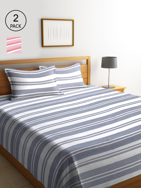 KLOTTHE Set Of 2 Striped Double Bed Covers With 4 Pillow Covers, Pink