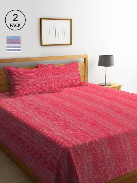 KLOTTHE Set Of 2 Striped Double King Bed Covers With 4 Pillow Covers, White