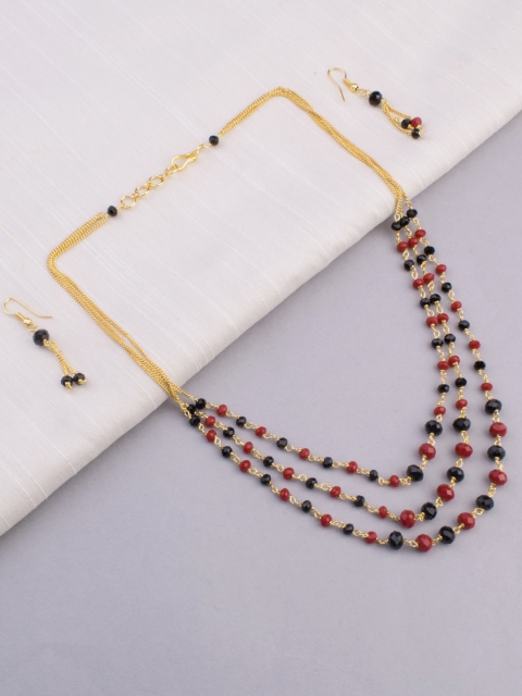 Alankruthi Gold-Toned Black & Red Beads Layered Handcrafted Jewellery Set