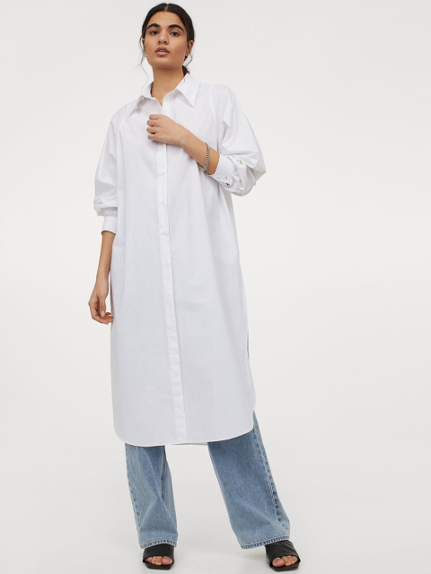 H&M Women White Solid Cotton Shirt Dress