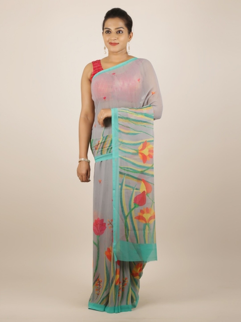 Pothys Grey Printed Poly Georgette Saree