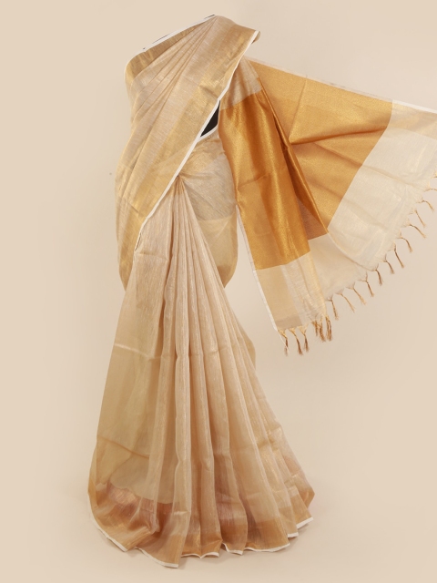 Pothys Beige Solid Linen Blend Saree