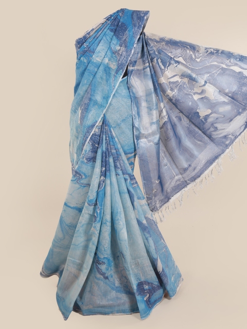 Pothys Blue Printed Linen Blend Saree