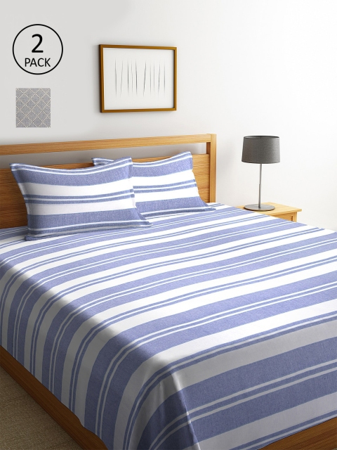 KLOTTHE Set Of 2 Striped Double Bed Covers With 4 Pillow Covers, Grey